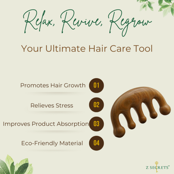 An eco-friendly sandalwood scalp massager with four prongs is shown next to a list of its benefits: stimulates hair growth, relieves stress, improves product absorption, and fits perfectly into your luxury hair care routine.