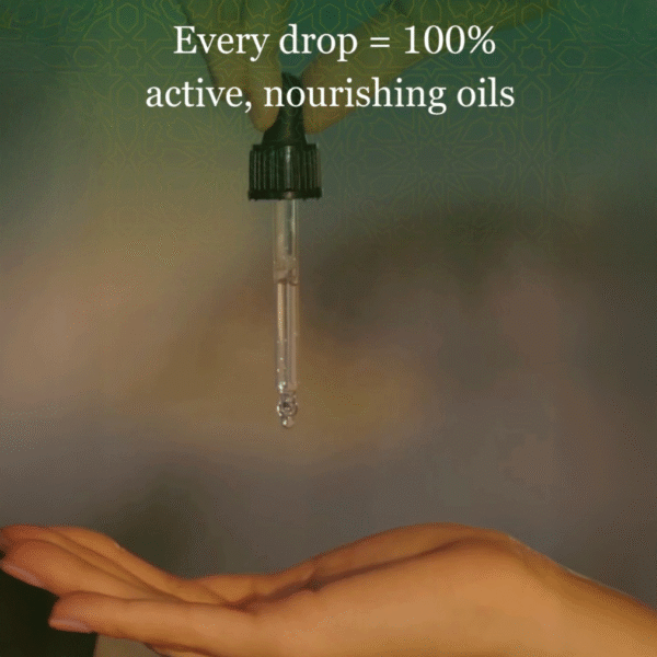 A dropper releases Z Secrets Secret Rosemary Hair Elixir above an open palm. Every drop = 100% active, nourishing oils for your hair care routine