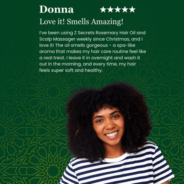 A smiling woman with curly hair in a striped shirt stands before Z Secrets green Zelieg patterned background. A Z Secrets 5 Star Review appears above her, praising Z Secrets Rosemary Hair Elixir’s amazing scent and its positive effects on her hair.
