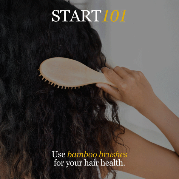 Person brushing curly hair with a Z Secrets bamboo brush; text reads "START 101: Use Z Secrets Bamboo Boar Bristles brushes for your hair health.