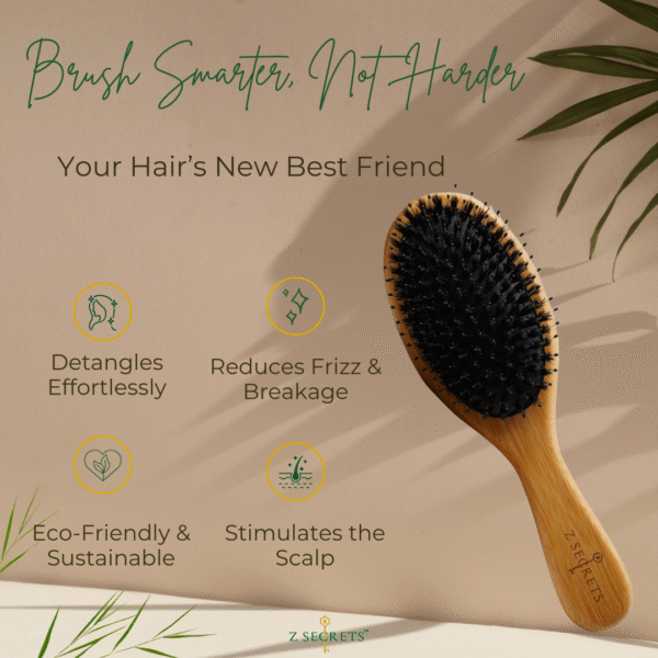 A Bamboo wooden hairbrush with black anti-static bristles lies on a beige surface, surrounded by green leaves. Text highlights the benefits of Z Secrets products: detangles, reduces frizz, eco-friendly, perfect for your luxury hair care routine. Brush Smarter, Not Harder appears at the top.